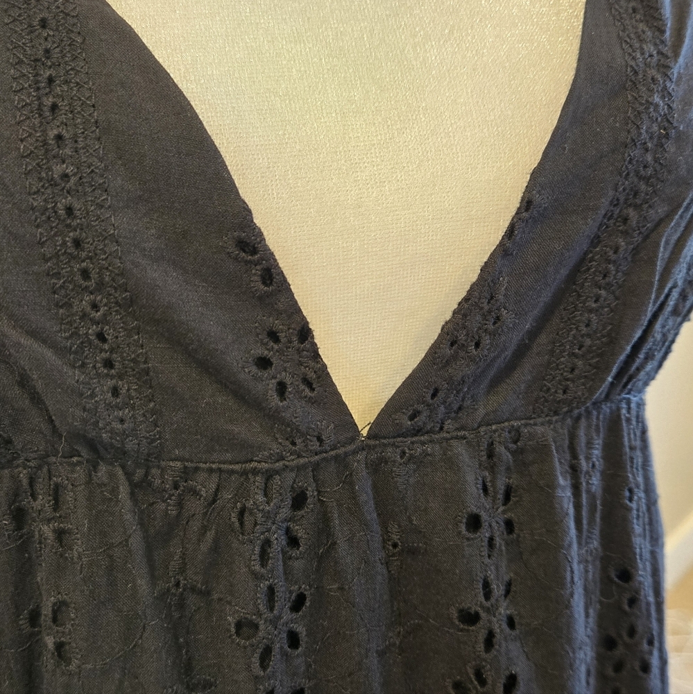 Lulu's S Black Spaghetti Strap V Neck Cotton Eyelet Sundress With Ruffle Hem - Picture 5 of 7